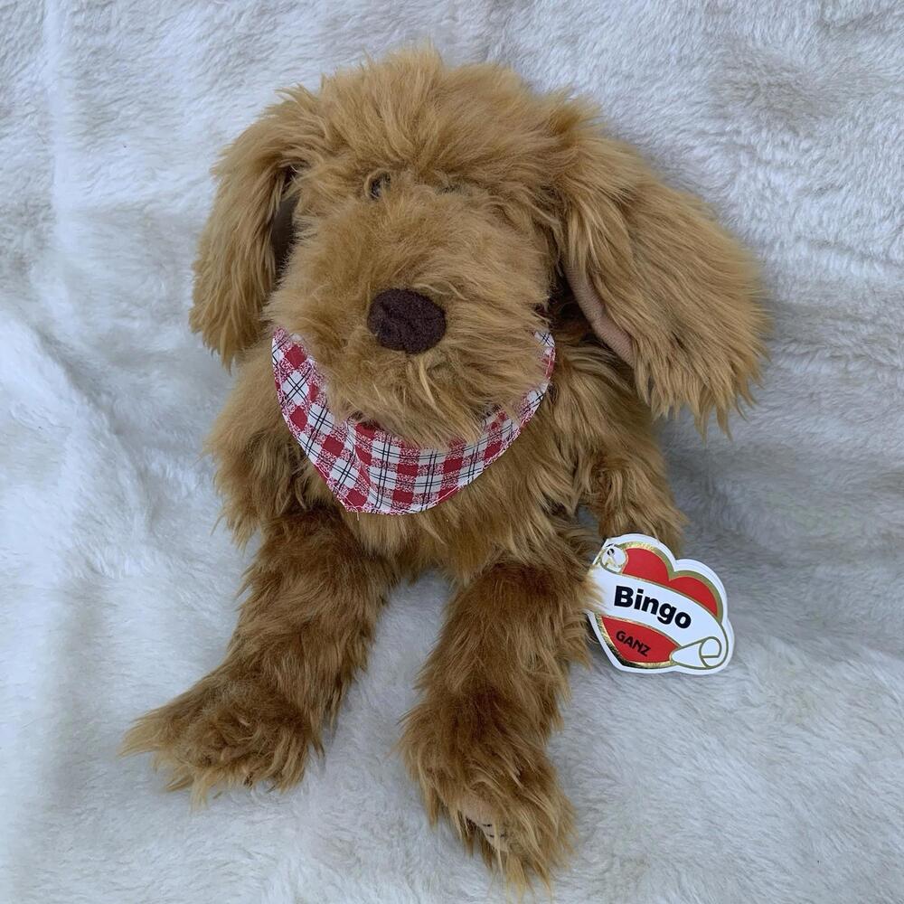 1995 Ganz Bingo Dog Plush 11” Brown Puppy Red Plaid Bandana VTG Stuffed Animal